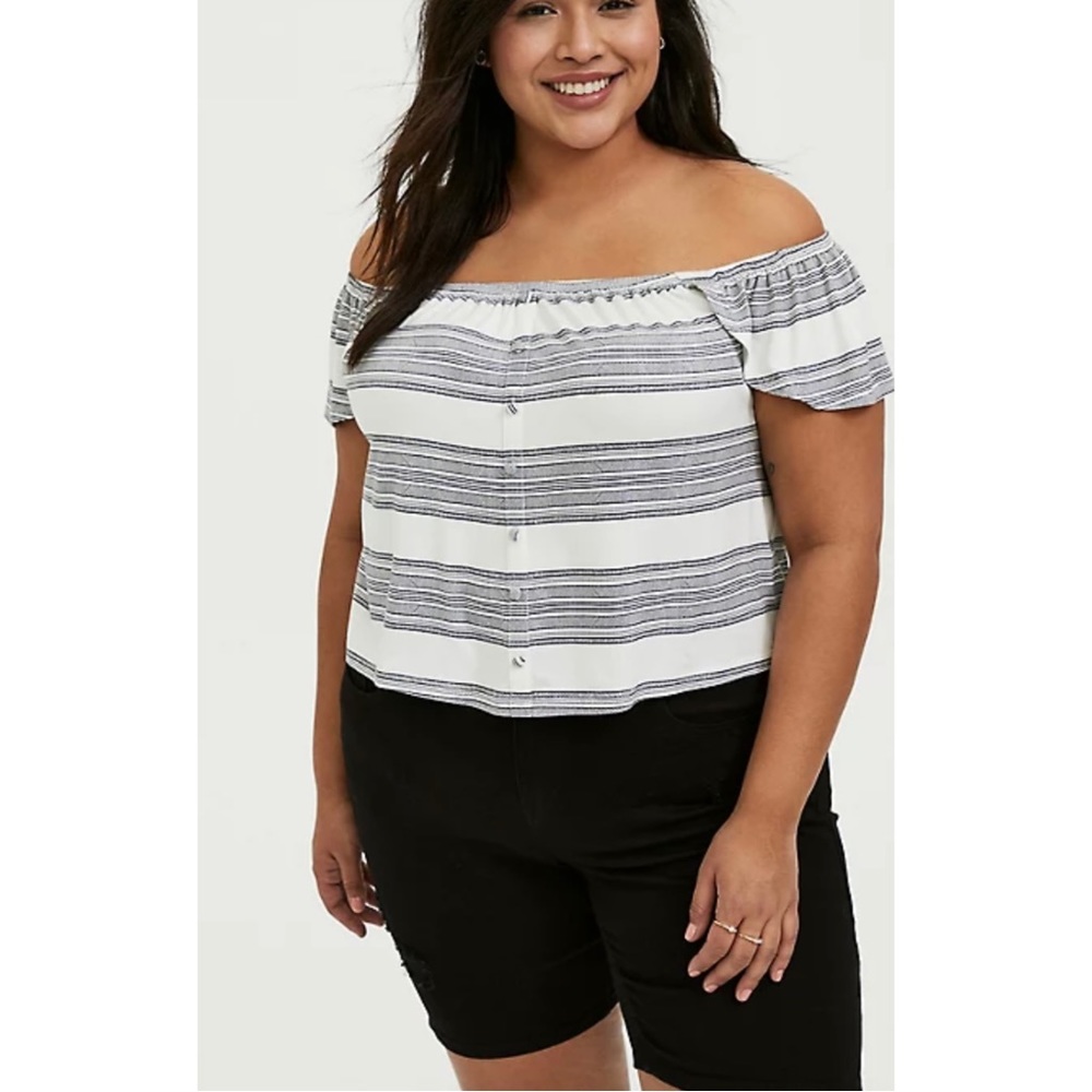 Torrid Super Soft Stripe Off The Shoulder Crop Top W/ Faux Buttons
